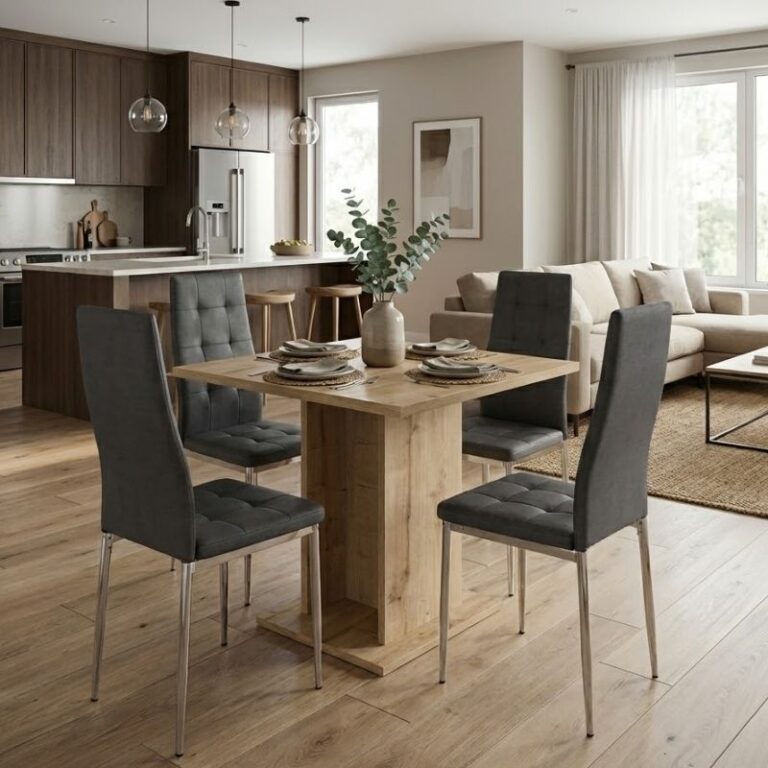 Σετ τραπεζαρία 5τμχ Allos – Rosa χρώμα sapphire oak – γκρι/χρωμίου πόδι 75x75x77εκ.