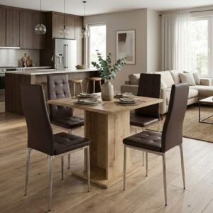 Σετ τραπεζαρία 5τμχ Σκιάθος 16 χρώμα sapphire oak - καφέ/χρωμίου πόδι 75x75x77εκ.