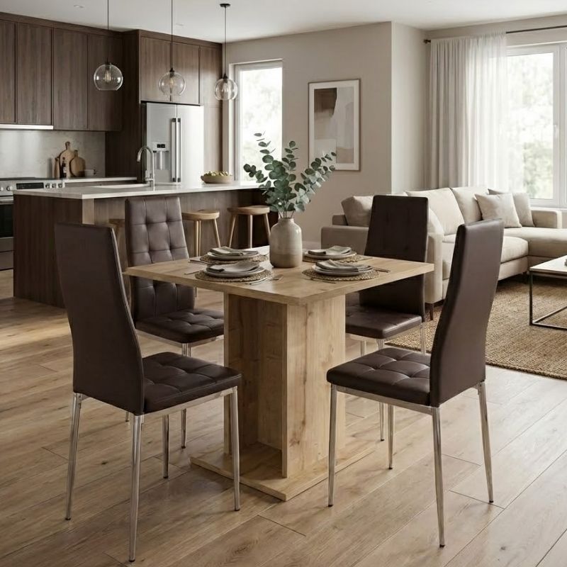 Σετ τραπεζαρία 5τμχ Σκιάθος 16 χρώμα sapphire oak - καφέ/χρωμίου πόδι 75x75x77εκ.