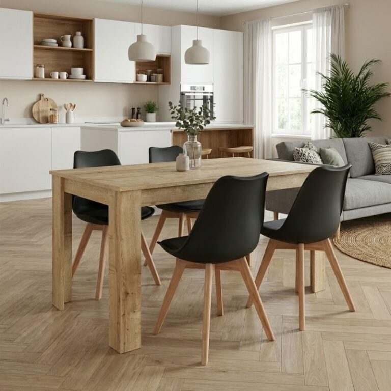 Σετ τραπεζαρία 5τμχ Darlen – Viva χρώμα sapphire oak – μαύρο/φυσικό πόδι 125x72x74εκ.