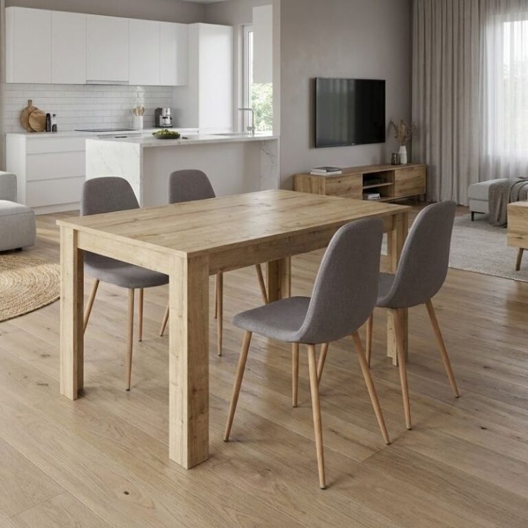 Σετ τραπεζαρία 5τμχ Darlen – Iris χρώμα sapphire oak – ανοιχτό μπεζ/φυσικό πόδι 125x72x74εκ.