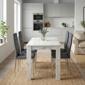 Σετ τραπεζαρία 5τμχ Darlen - Rosa χρώμα λευκό εφέ μαρμάρου - γκρι/χρωμίου πόδι 125x72x74εκ.
