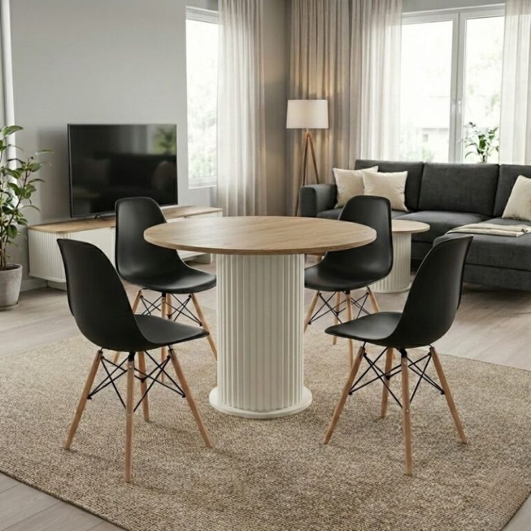 Σετ τραπεζαρία 5τμχ Bohema – Nova χρώμα ivory/sepet oak – μαύρο Ø90×77,7εκ.
