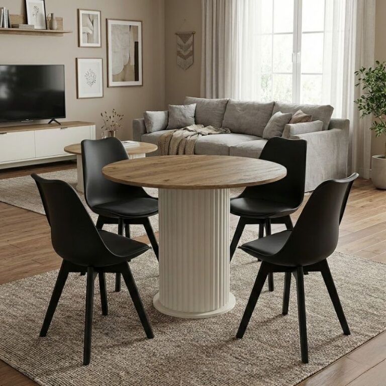 Σετ τραπεζαρία 5τμχ Bohema – Viva χρώμα ivory/sepet oak – μαύρο Ø90×77,7εκ.
