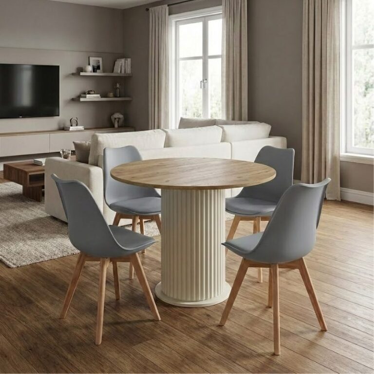 Σετ τραπεζαρία 5τμχ Bohema – Viva χρώμα ivory/sepet oak – γκρι Ø90×77,7εκ.