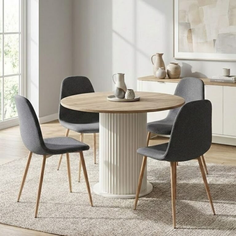 Σετ τραπεζαρία 5τμχ Bohema – Iris χρώμα ivory/sepet oak – γκρι Ø90×77,7εκ.