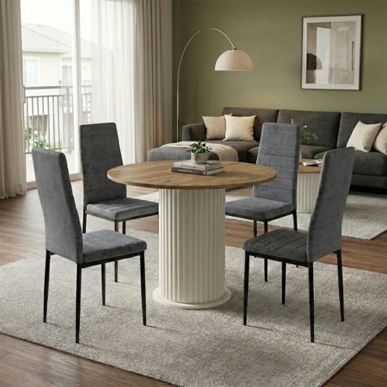 Σετ τραπεζαρία 5τμχ Bohema – Rosa χρώμα ivory/sepet oak – γκρι Ø90×77,7εκ.