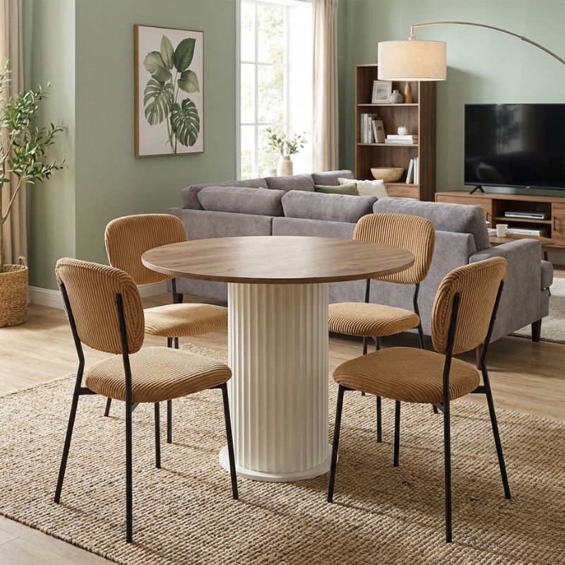 Σετ τραπεζαρία 5τμχ Δελφοί 80 χρώμα ivory/sepet oak - μουσταρδί Ø90x77,7εκ.
