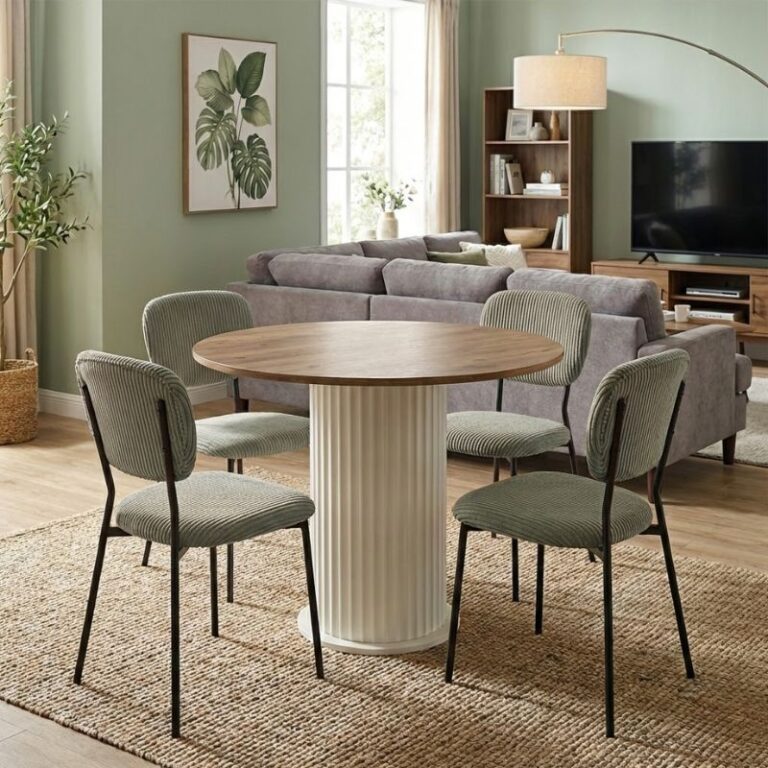 Σετ τραπεζαρία 5τμχ Bohema – Kevin χρώμα ivory/sepet oak – λαδί Ø90×77,7εκ.