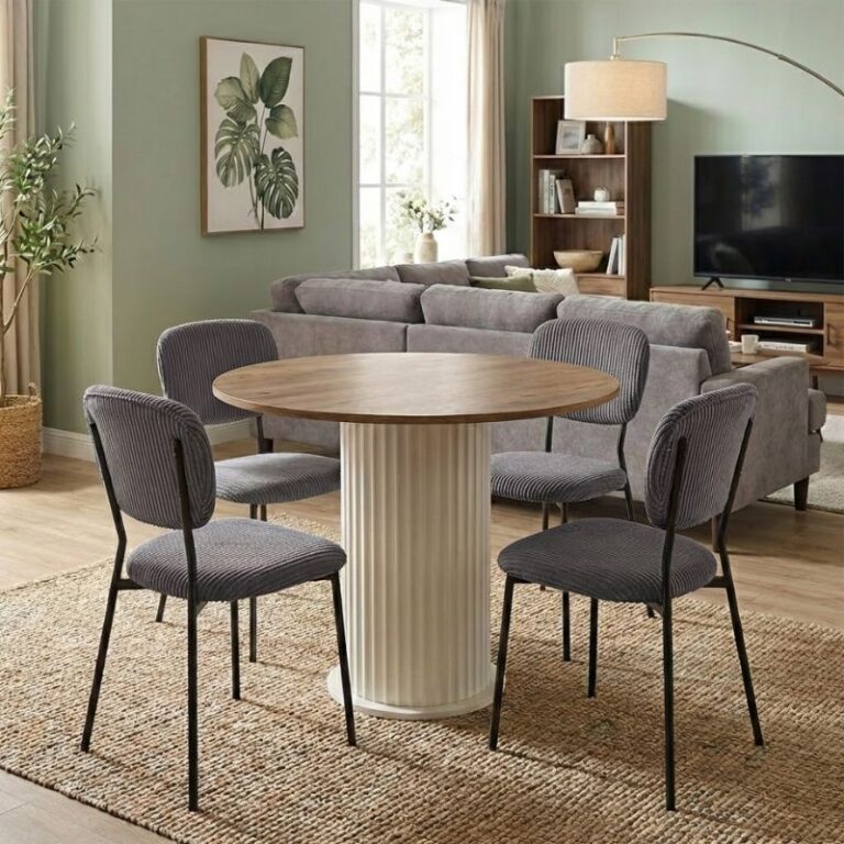 Σετ τραπεζαρία 5τμχ Bohema – Kevin χρώμα ivory/sepet oak – γκρι Ø90×77,7εκ.