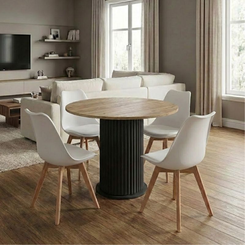 Σετ τραπεζαρία 5τμχ Δήλος 38 χρώμα μαύρο/sepet oak - λευκό/φυσικό πόδι Ø90x77,7εκ.