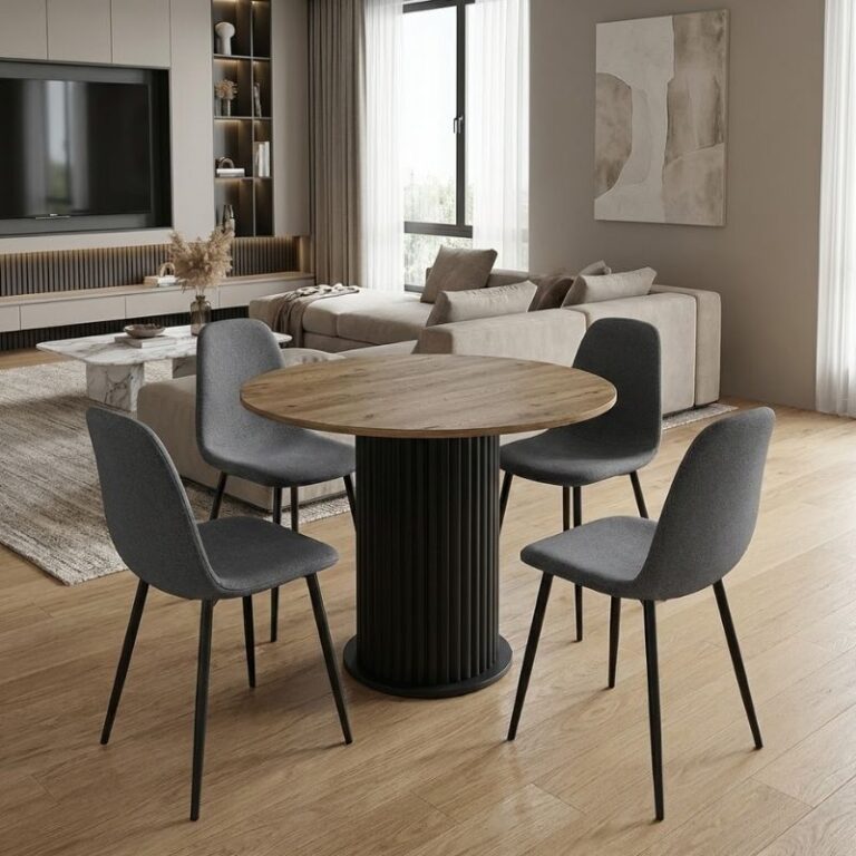 Σετ τραπεζαρία 5τμχ Bohema – Iris χρώμα μαύρο/sepet oak – γκρι Ø90×77,7εκ.