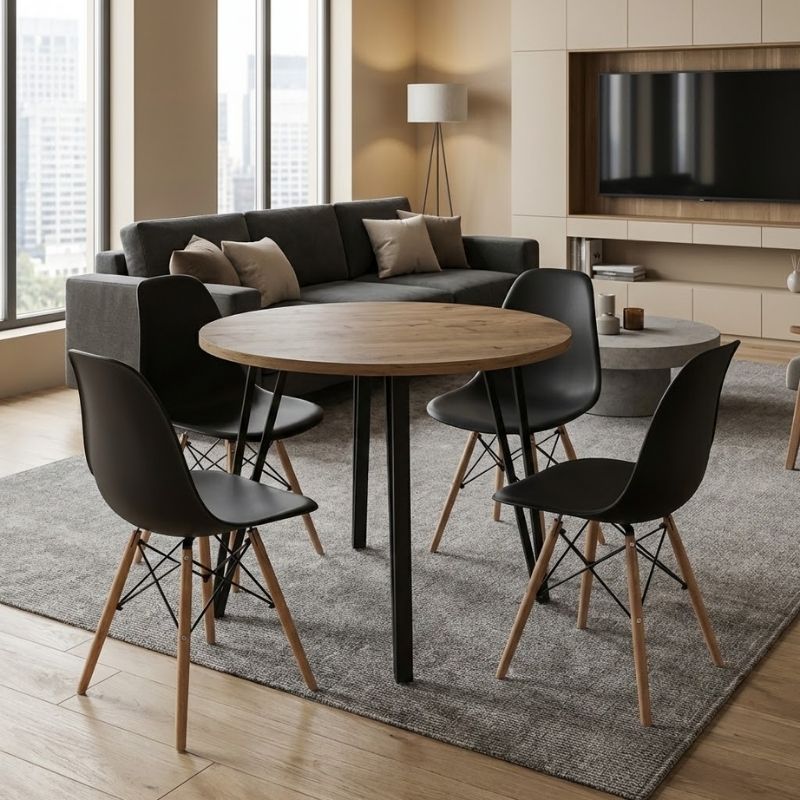 Σετ τραπεζαρία 5τμχ Κρήτη 63 χρώμα sepet oak - μαύρο Ø90x77,5εκ.