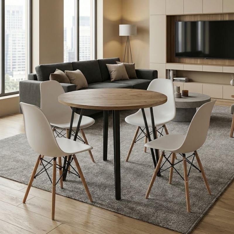 Σετ τραπεζαρία 5τμχ Κρήτη 63 χρώμα sepet oak - λευκό Ø90x77,5εκ.
