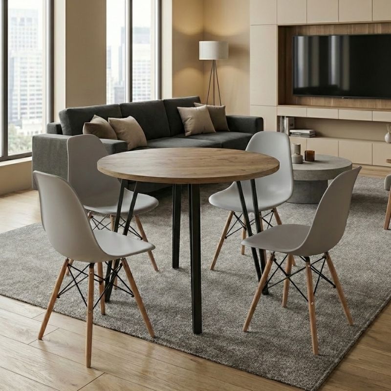 Σετ τραπεζαρία 5τμχ Κρήτη 63 χρώμα sepet oak - γκρι Ø90x77,5εκ.