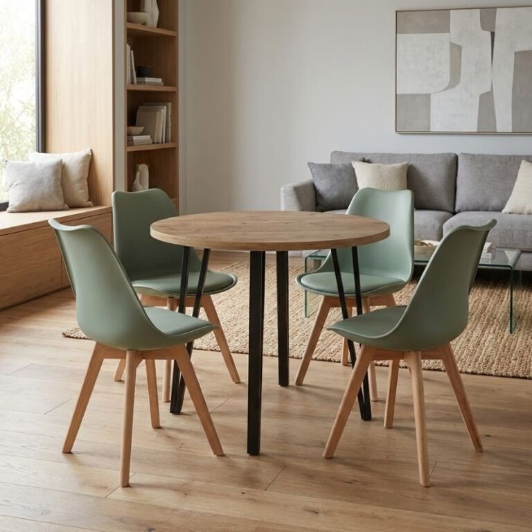 Σετ τραπεζαρία 5τμχ Xana – Viva χρώμα sepet oak – φυστικί Ø90×77,5εκ.