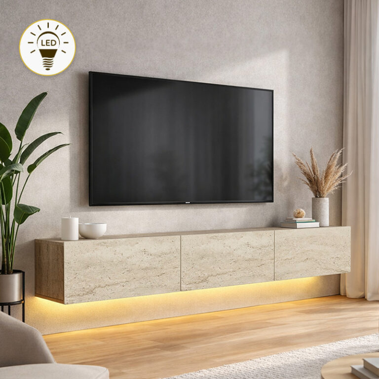 Έπιπλο τηλεόρασης επιτοίχιο Πάτμος 50 με LED χρώμα travertine 180×29,5×29,5εκ.