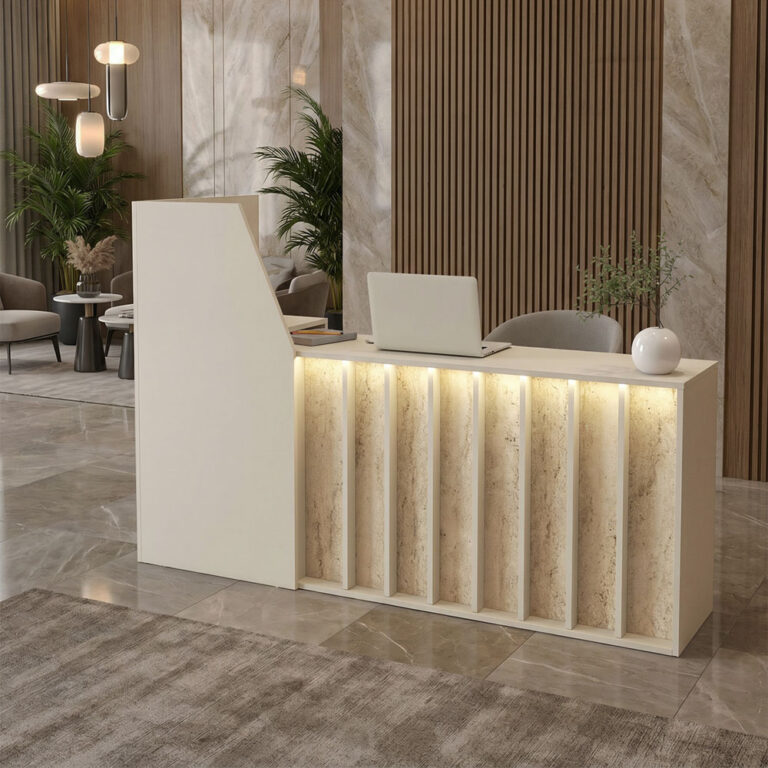Γραφείο υποδοχής – Πίνδος 70 με LED χρώμα sandstone – travertine 181,2×73,2×120εκ.