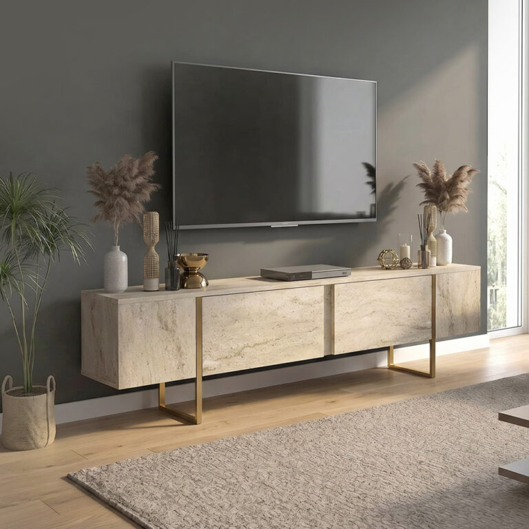 Έπιπλο τηλεόρασης Χίος 67 χρώμα travertine – χρυσό 180×29,6×50εκ.