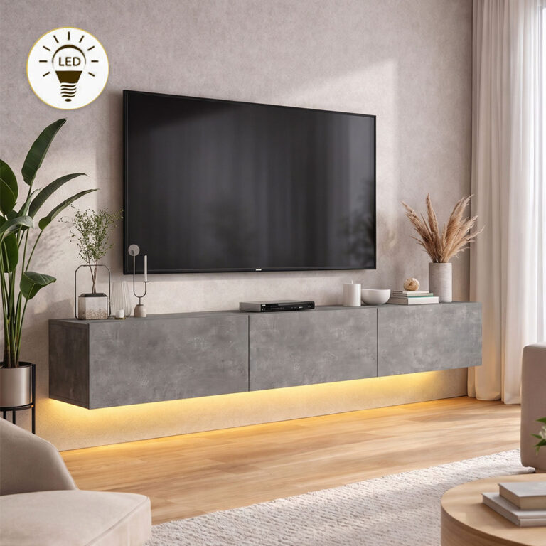 Έπιπλο τηλεόρασης επιτοίχιο Πάτμος 50 με LED χρώμα γκρι σκυροδέματος 180×29,5×29,5εκ.