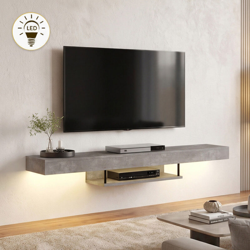 Έπιπλο τηλεόρασης επιτοίχιο Σκόπελος 55 με LED χρώμα γκρι σκυροδέματος 150x29,6x22εκ.