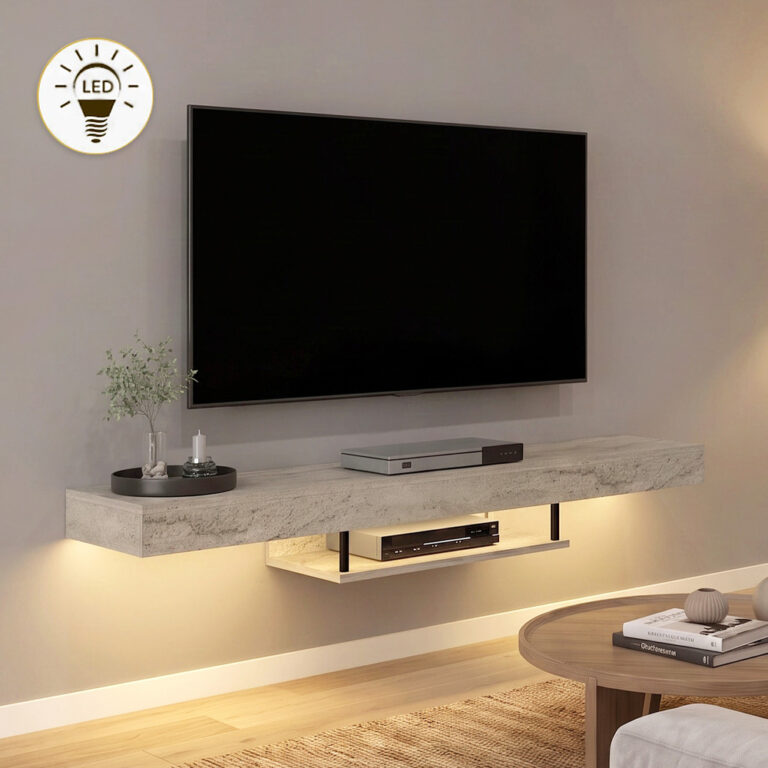 Έπιπλο τηλεόρασης επιτοίχιο Σκόπελος 55 με LED χρώμα travertine 150×29,6×22εκ.