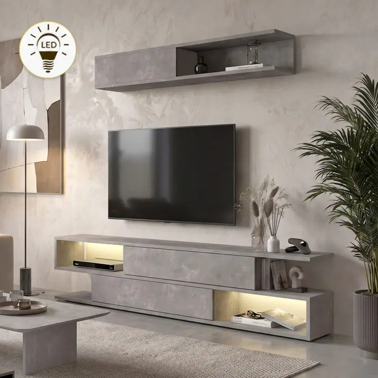 Σύνθεση τηλεόρασης Κάλυμνος 73 με LED χρώμα γκρι σκυροδέματος 180×29,5×39εκ.