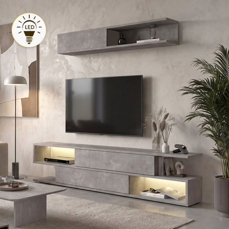Σύνθεση τηλεόρασης Κάλυμνος 73 με LED χρώμα γκρι σκυροδέματος 180x29,5x39εκ.