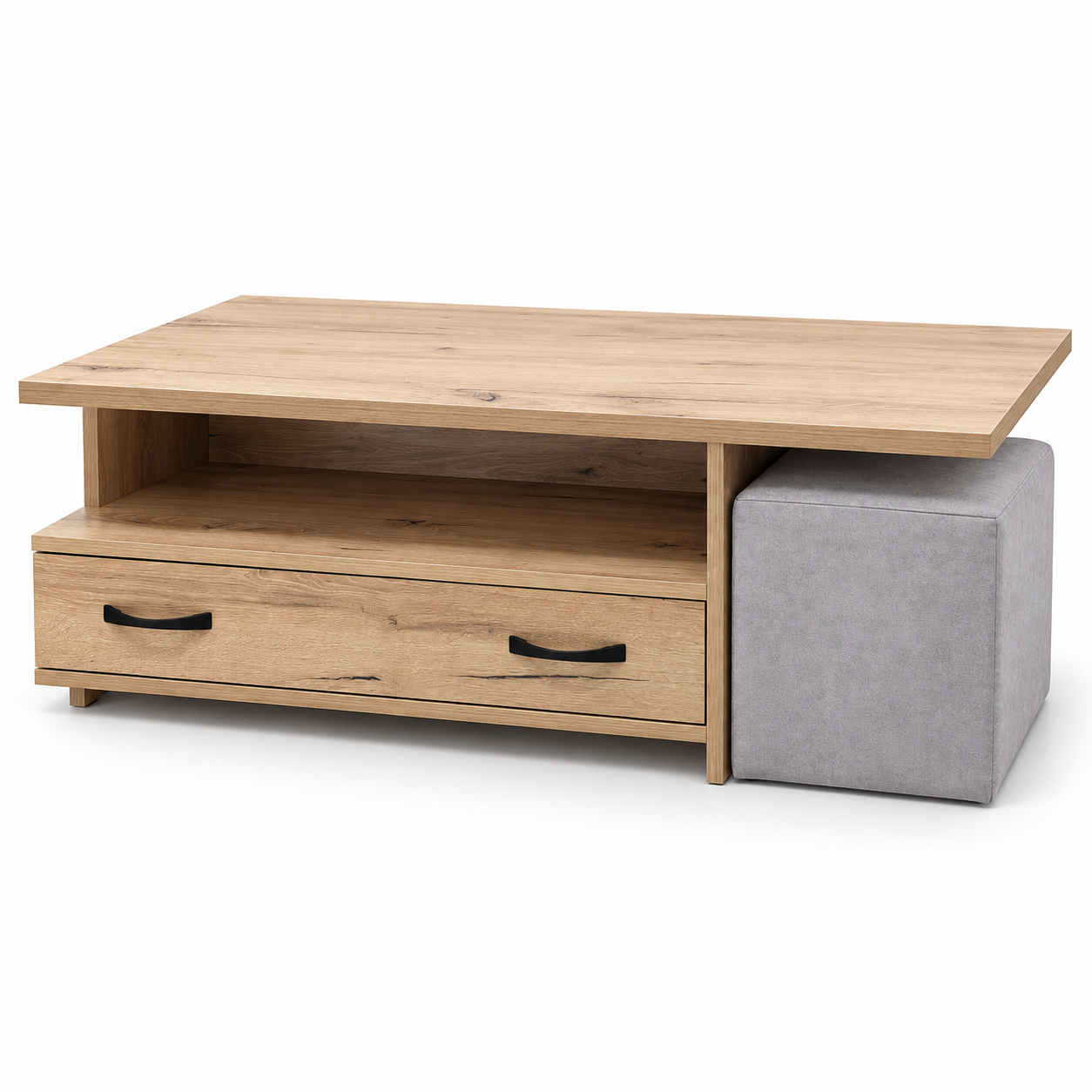 Τραπεζάκι σαλονιού Rustic Oak με δύο συρτάρια, ράφι και γκρι σκαμπό σε λευκό studio