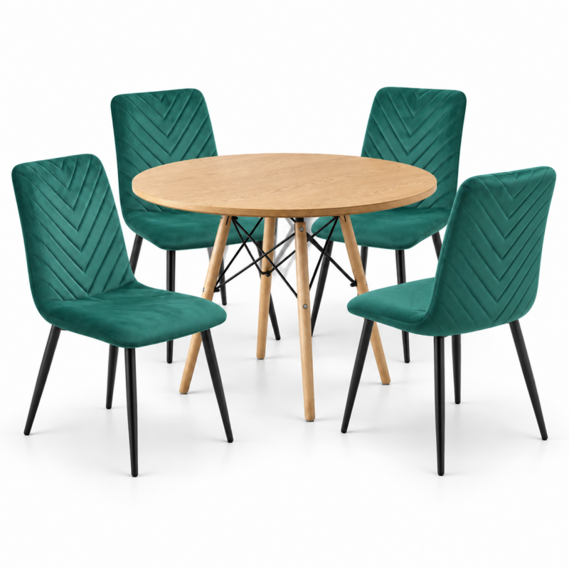 Combo 5 — Στρογγυλό Τραπέζι Oak Eiffel Ø100 + 4 Καρέκλες LUNA Σμαραγδί