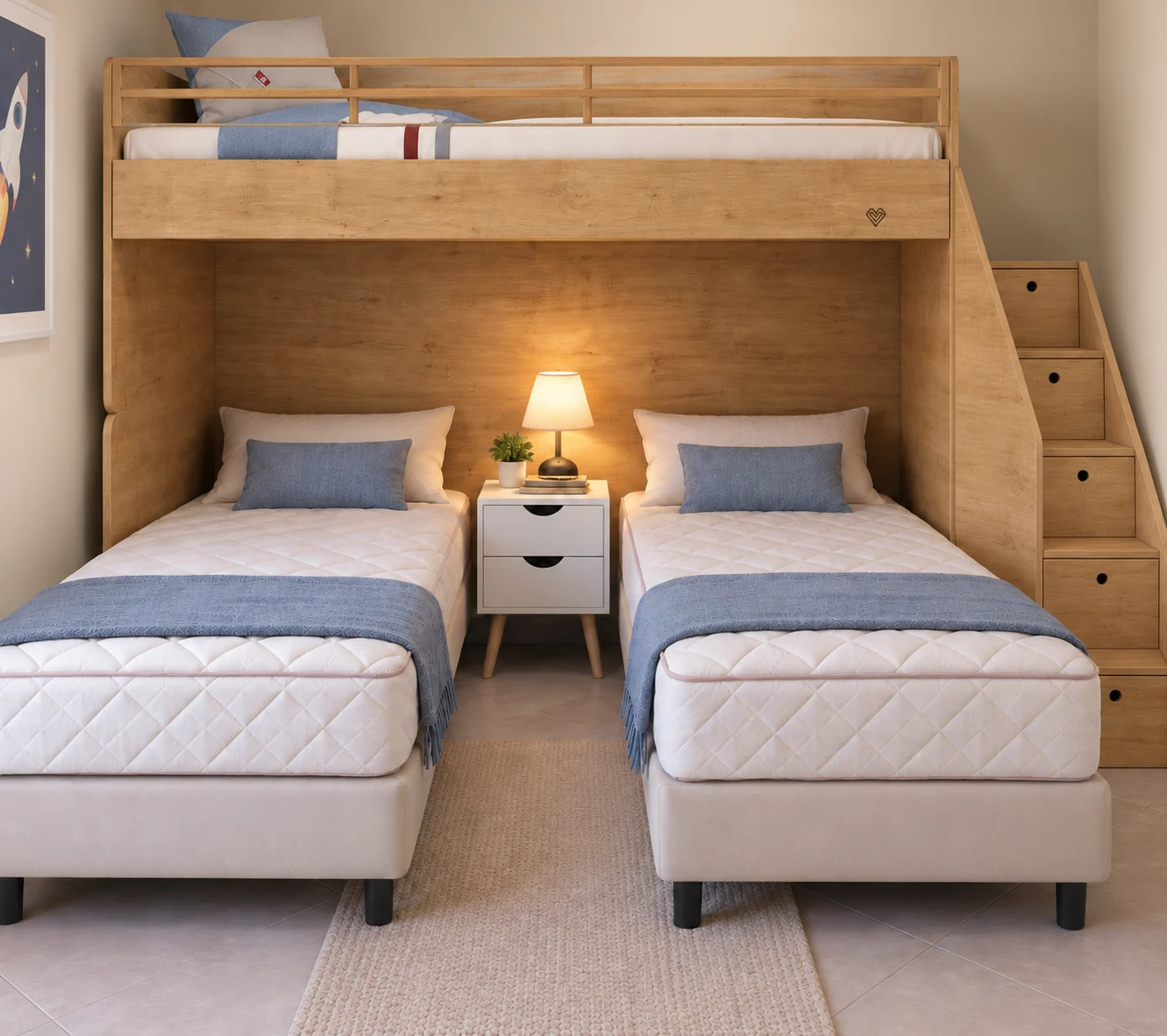 Σετ Κουκέτας Loft Trio Rhodes – loft 90×200 πάνω από δύο κρεβάτια Media Strom 80×200 με κομοδίνο